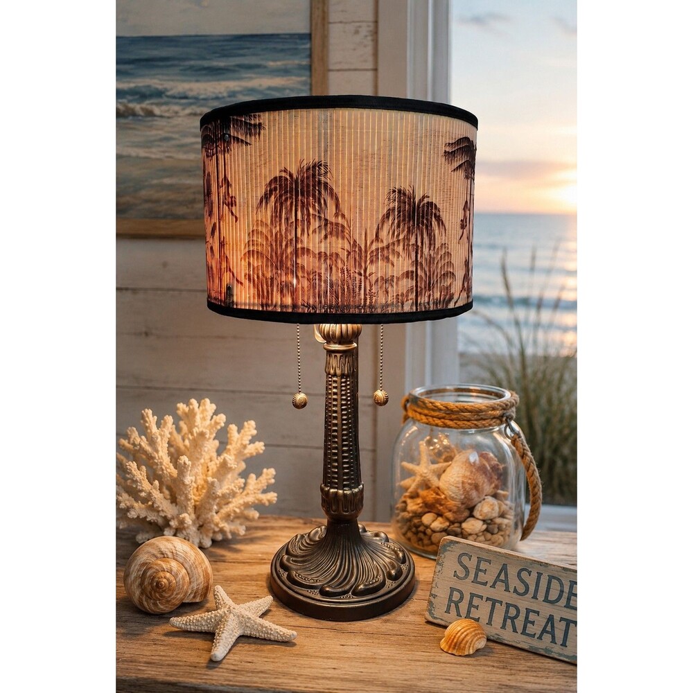 Seaside Coastal Tropical Bamboo Drum Shade Twin Bulb Table Lamp